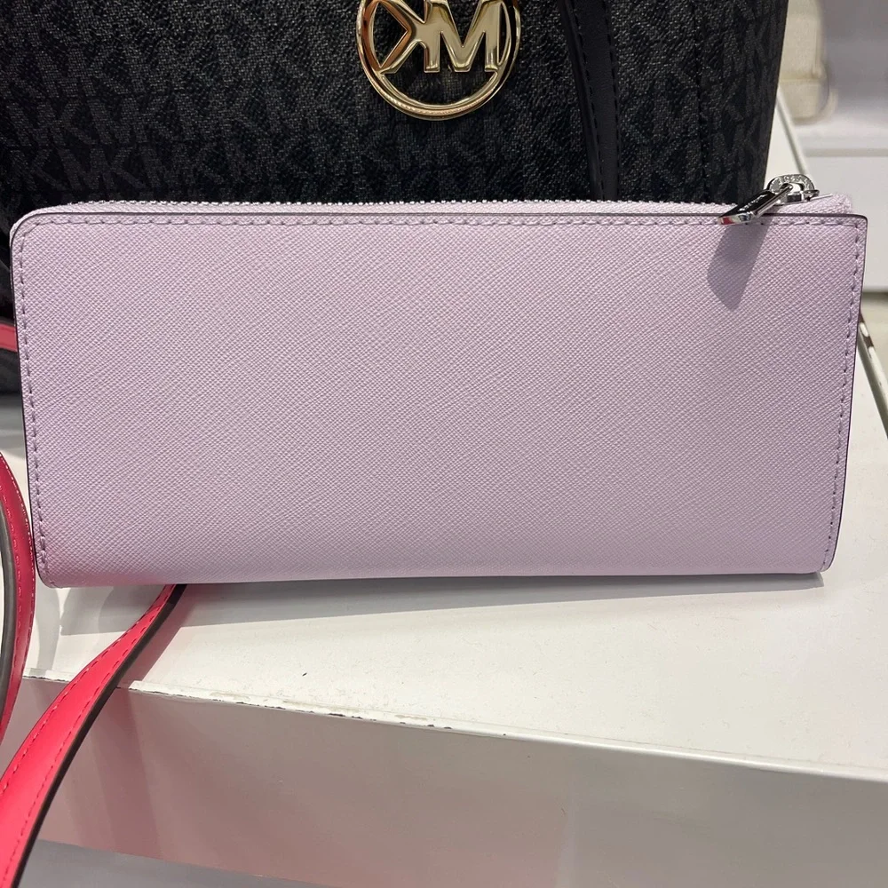 MICHAEL KORS Jet Set Travel Lg Saffiano Leather Quarter-Zip Wallet Lt Quartz NWT
